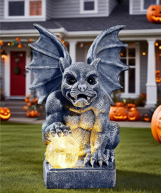 Nacome Solar Gothic Gargoyle Garden Statue: Outdoor Dragon Decor Sculpture with Ball Lights for Yard Art Porch Patio - Unique Birthday Gifts for Women Mom