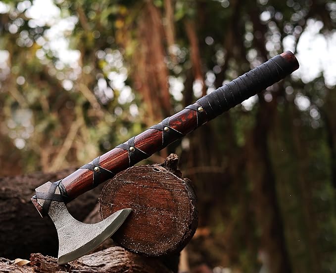 WAZIR Crafts Viking Axe | 17″ Hand-Forged Carbon Steel Tomahawk with Rosewood Handle & Leather Sheath, Bearded Axe for Camping, Bushcraft, Throwing, Gifts for Men (WCA‑015)