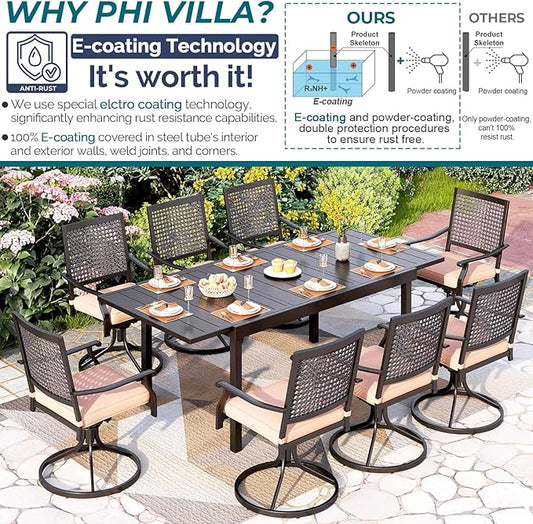 PHI VILLA Outdoor Dining Table and Chairs Set for 8, 9 Pieces Patio Metal Expandable Rectangular Table and Black Swivel Chairs with Cushions, Dining Furniture Set for Backyard, Porch