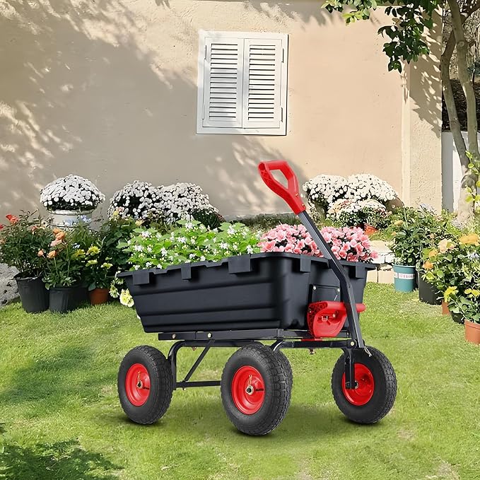 Garden Dump Cart,Heavy Duty 900lbs Poly Wheelbarrow with 10-Inch Tires,180° Rotating Handle,Steel Frame and Quick Release System for Garden,Lawn,Barn,Farm