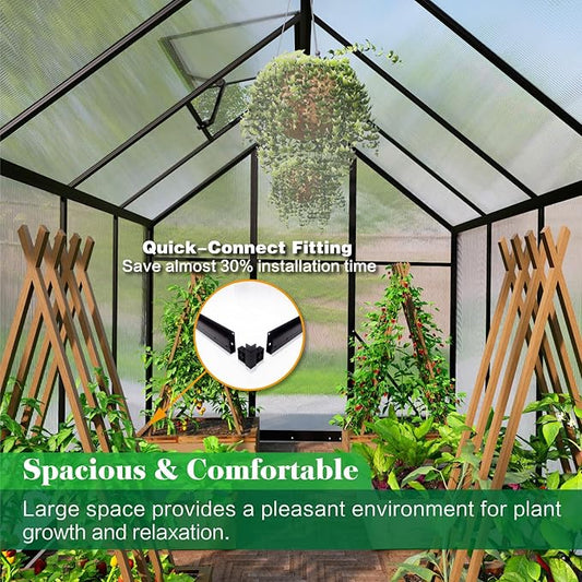 6x10 FT Greenhouse for Outdoors, Polycarbonate Green House with Adjustable Roof Vent and Rain Gutter, Aluminum Large Walk-in Greenhouse with Quick Setup Structure for Outside Garden Backyard Patio