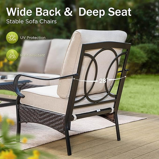 PHI VILLA Outdoor Modern Patio Furniture Set, Upgraded Wicker&Metal Patio Furniture Conversation Set with Waterproof Thick Cushions for Porch, Poolside, Deck, and Yard (5 Pieces,Beige)