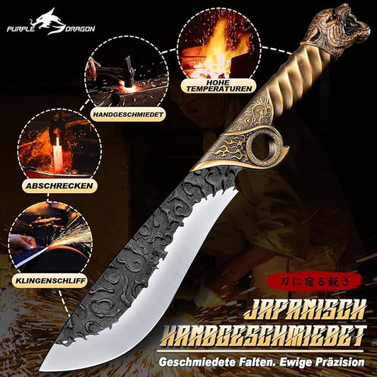 Purple Dragon Heavy Duty Machete for Cutting Trees – Japanese Forged Survival Machete with Tiger Head Handle, Gardening Machetes with Leather Sheath, Yard Work & Outdoor Camping Machetes