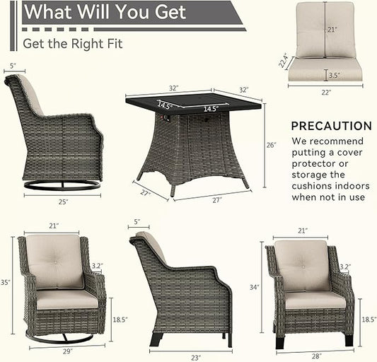 5-Piece Patio Wicker Conversation Set with Fire Pit, Furniture Set Includes 2 Swivel Rocker Chair and 2 Armchair, Cushion Beige