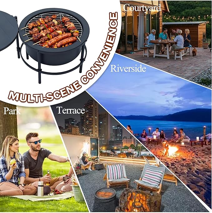 Fire Pits for Outside Wood Burning, Extra Large Outdoor Fire Pit with Grill and Roating Table, Cold Finished Steel Round Firepit Bowl with Poker and Round Waterproof Cover for Patio, Backyard, Garden