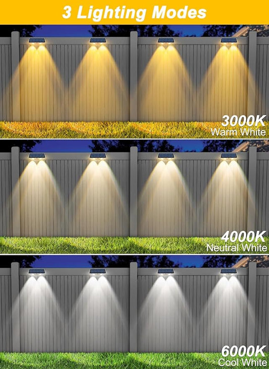 Solar Fence Lights Outdoor - 3000K/4000K/6000K 3 Color Modes, IP65 Waterproof Fence Lights Solar Powered Outdoor, Solar Powered Wall Light for Outside Porch Step Wall Stair Patio Yard (12 Pack)