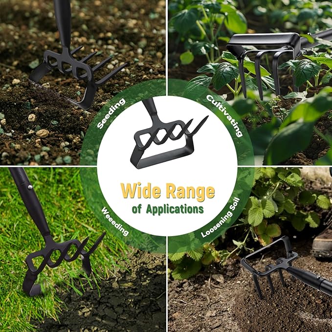 Stirrup Hoe, Heavy Duty Hula Hoe with 32-72" Adjustable Long Handle, 2 in 1 Action Hoe with Cultivator Rake, Scuffle Hoe, Hula Hoe Garden Tool for Weeding Grass, Loosening Soil, Sharp Blade, Black