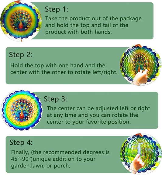 Peacock Hanging Wind Spinners,12 Inch 3D Garden Spinner Kinetic Art Garden Decorations,Stainless Steel Reflective Wind Spinners for Yard