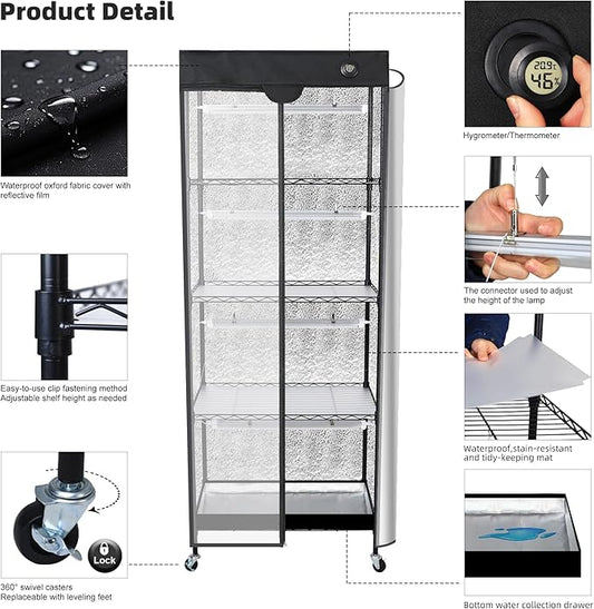 WORTH Mini Greenhouse with LED Grow Lights & Digital Thermo-Hygrometer – Portable Indoor Plant Grow Tent with Oxford Fabric Cover, Adjustable Shelves, Casters & Ventilation Flaps for Seed Starting