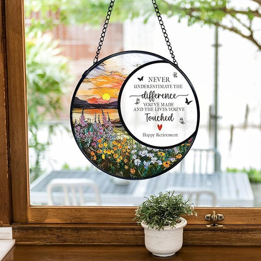TNUW Retirement Gifts Flower Stained Glass Window Hanging, Difference Maker Gift Sun Catchers Indoor Window Glass Round Wall Art Decor, Retired Gifts for Woman Wall Hanging Decorations, 7.9"x7.9"