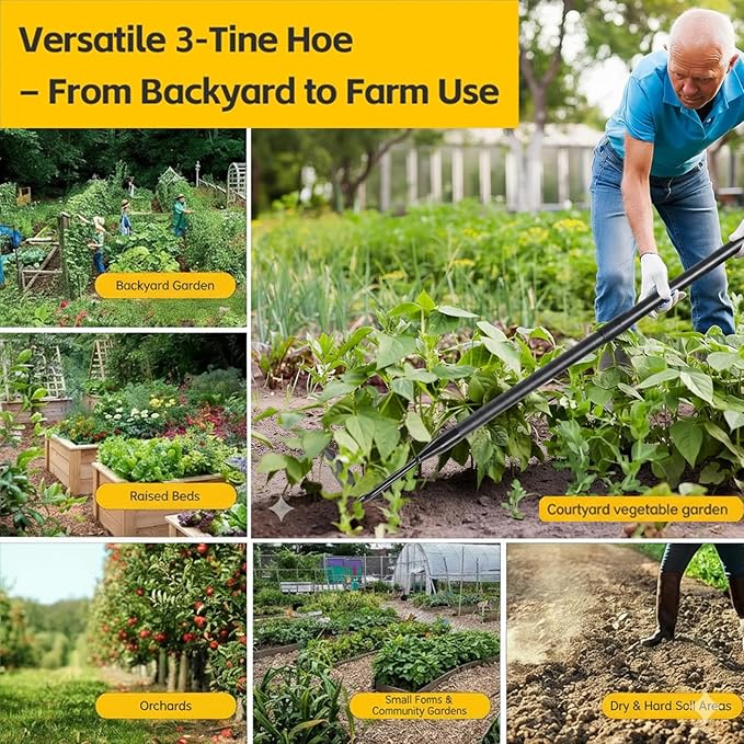 2 in 1 Hoe Garden Tool for Weeding& Cultivator - 52 inch Heavy Duty Garden Hoe with Upgraded Claw 3-Tine Tiller Rake,Long Handle Weed Grass Removal Tools for Gardening,Soil Loosening,Planting,Digging
