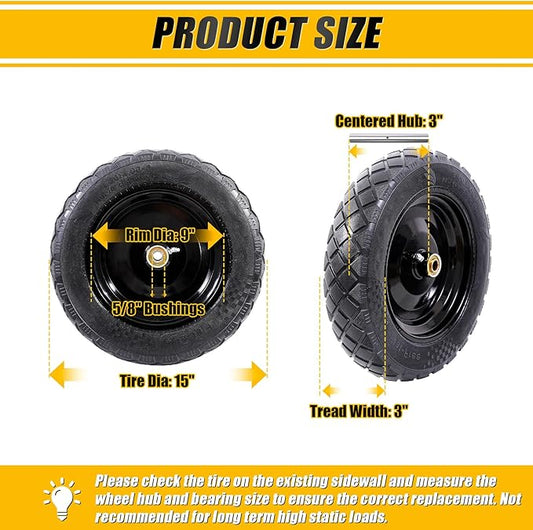 MZREXN 4.80/4.00-8" Flat Free Tire and Wheel 15" Solid Wheelbarrow Tires, 3.00-4.00/4.80-8" with 5/8" & 3/4" Bearings, 3" Centered Hub for Hand Truck Garden Trailers Utility Cart Yard Wagon 2PCS Black