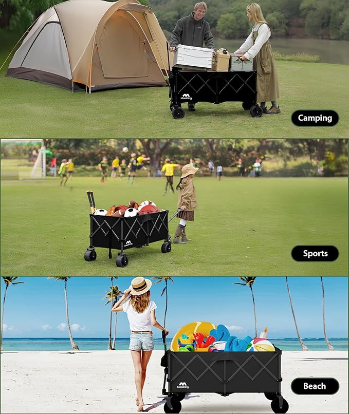 48โL Foldable Wagons Carts Extended, Collapsible Folding Wagon 500lbs Heavy Duty, 320L Large Beach Wagon, Utility Wagon with All Terrain Big Wheels for Sports, Camping, Grocery, Garden, Black