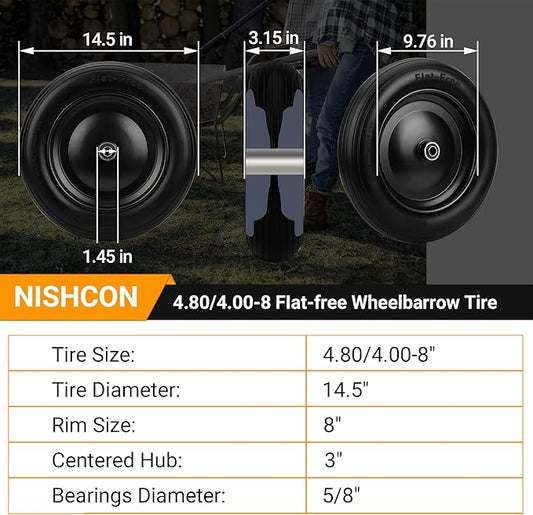 4.80/4.00-8 Flat Free Wheelbarrow Tire with 5/8 & 3/4 Bearing 3" -7" Centered Hub for Garden Cart Ribbed Tread Foamed Polyurethane Tire by NISHCON - 2 Pack