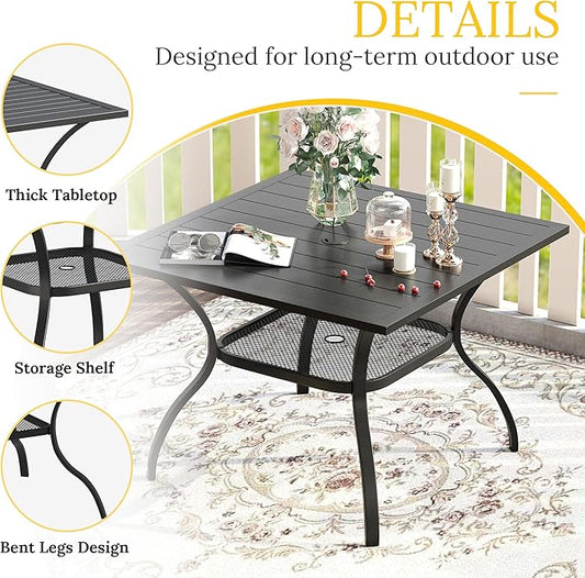 VICLLAX 5 Pieces Patio Dining Set for 4, Outdoor Furniture Set Includes 37.8" Square Outdoor Table and 4 Patio Swivel Chairs for Lawn Garden, Black Tabletop and Mixed Brown Fabric