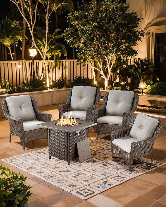 Outdoor Patio Chairs with Fire Pit Table 5 Piece Set - High Back Brown Wicker Rattan Lawn Chair with Thick Cushion for Porch Apartment Deck Yard Poolside Garden - Beige