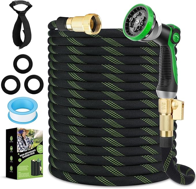 Non-Expandable Garden Hose 150 ft, Ultra Lightweight & Flexible Water Hose With 10-Pattern Spray Nozzle, Full Length Leak-Proof Design, High-Density Fabric & Shut-Off Valve, Hose Straps