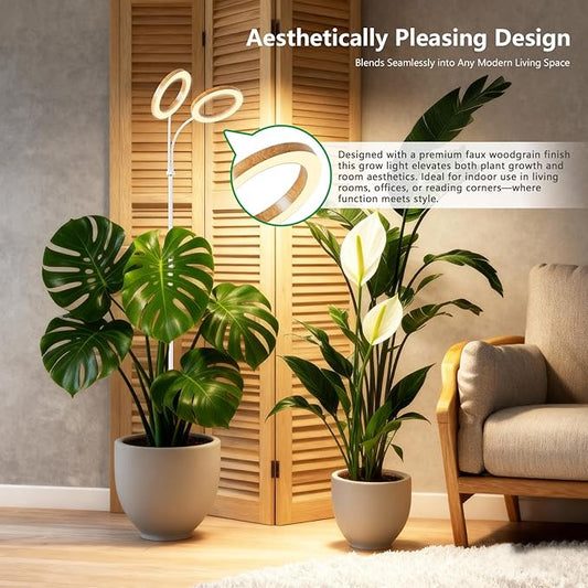 Full Spectrum Grow Light with Stand for Indoor Plants, Floor Plant Light, 6/12/18H Timer, 3 Color Modes, Adjustable Height 16.5–68in, for Large Plants & Home Décor(2 Heads,Faux Wood Grain)