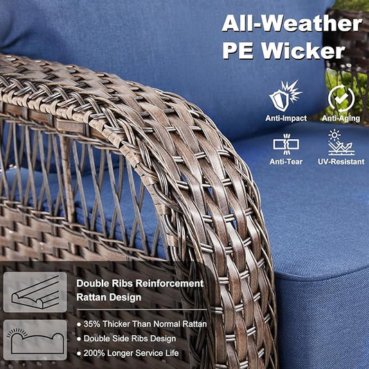 Patio Furniture Sets, 6 Pieces Wicker Outdoor Furniture with Patio Sidetables - 360 Degree Swivel Rocking Chairs and Rattan Side Table for Garden, Porch, Backyard, Blue/Brown Wicker