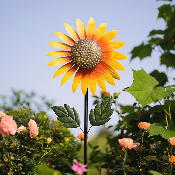 Yard Wind Spinner Outdoor,Garden Wind Spinners & Wind Sculptures,Sunflower Windmills Lawn Decor,Metal Flower Garden Pinwheels for Yard,12.8 * 57 Inches