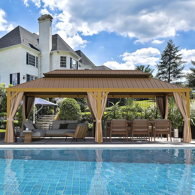 MELLCOM 12'x24' Hardtop Gazebo, Wood Grain Aluminum Frame with Galvanized Steel Double Roof, Outdoor Gazebo with Curtains and Nettings for Patio, Backyard and Deck
