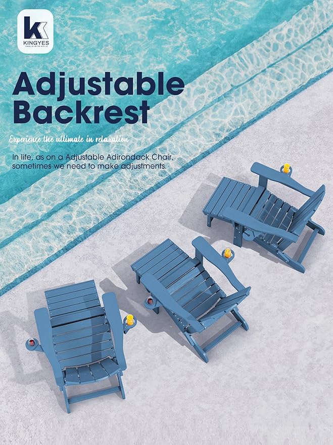 KINGYES Folding Adjustable Adirondack Chairs with Ottoman & 2 Cup Holders Set of 2, HDEP Multifunctional Adirondack Chair with Footrest, Blue