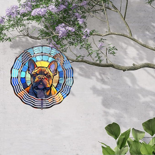 French Bulldog Wind Spinner Pet Dog Memorial Gifts 3D Aluminum Metal Kinetic Hanging Wind Sculpture Spinners for Yard and Garden Indoor Outdoor Window Garden Decoration 8 Inch (French Bulldog 1)