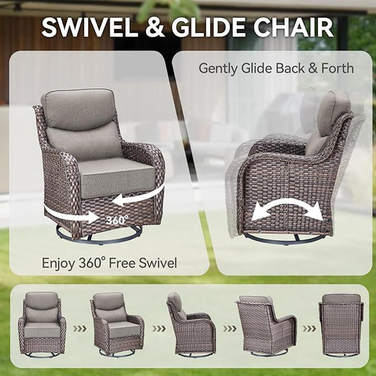 HUMMUH Outdoor Patio Wicker Swivel Rocker Chairs with 6-Inch Thick Cushion High Back 3 PCS Wicker Conversation Set for Porch Balcony Deck