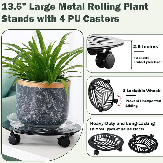 1 Packs Large Metal Plant Caddy with PU Wheels 13.6" Heavy-Duty Wrought Iron Rolling Plant Stands Indoor Outdoor Wheeled Plant Dolly Planter Mover Rollers Plant, Leaf Style