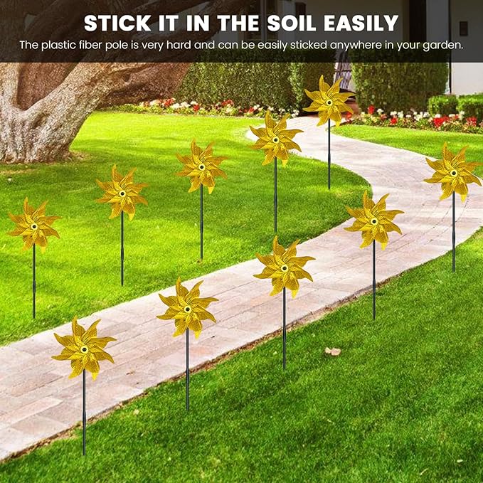 10 PCS Reflective Pinwheels for Yard and Garden Bird Devices Pre-Installed Sparkly Wind Spinner Deterrent to Scare Birds Away from Yard Patio Farm (Yellow)
