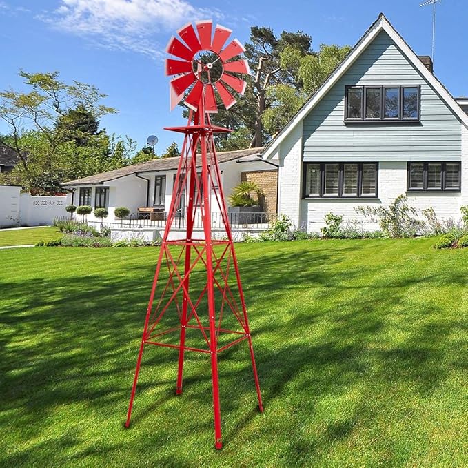 8FT Windmill for Yard Garden Decoration with Weather Vanes,Heavy Duty Outdoor Wind Mills, Large Metal Outdoor Windmill,Weather Resistant,Red