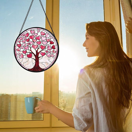 Stained Glass Window Hanging, Pink Love Heart Tree Suncatcher Hangings Beige Sun Catchers Decor for Birthday Holiday for Women, Men, Wife, Aunt, Mom 7.8 in