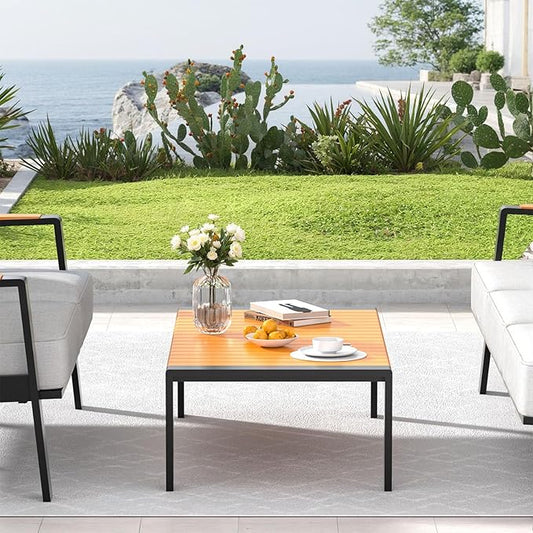 Aluminum Outdoor Coffee Table - Black Rectangle Patio Tables with Teak Top for Deck, and Poolside