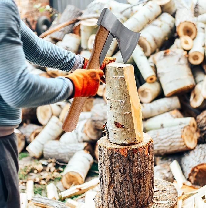 Camping Axe, 15'' Hatchet for Wood Splitting and Chopping, Gardening Small Axe Wooden Handle Tools with Sheath for Camping, Hiking (15inch)