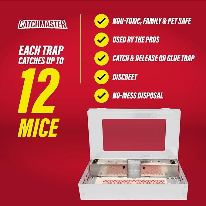 Catchmaster Multi-Catch Mouse Trap, Humane Mouse Trap Indoor for Home, Includes 1 Replaceable Glue Board, Live Catch Pest Control for Garage & Shed (White)