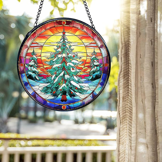 kdqua Christmas Tree Suncatcher Stained Glass Window Hanging, Winter Xmas Tree Sun Catchers Indoor Window Glass Round Wall Decor, Wall Art Hanging Decorations Statues, 7.9x7.9in