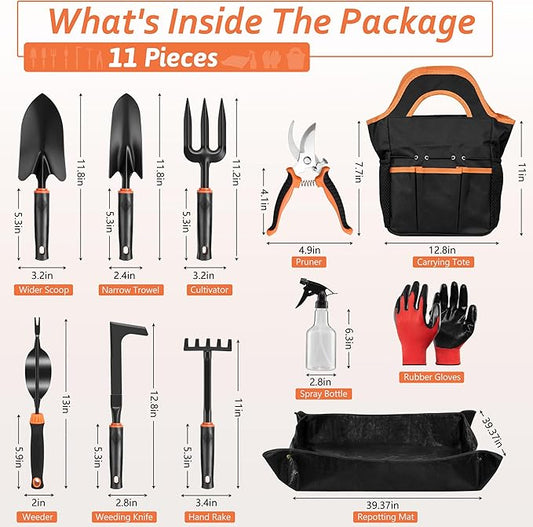 11 Pcs Garden Tools Set, HaSteeL Gardening Supplies Hand Tools Kit for Women Men Gardeners, Include Tote Bag, Reportting Mat, Transplant Trowel, Rake, Pruner for Outdoors