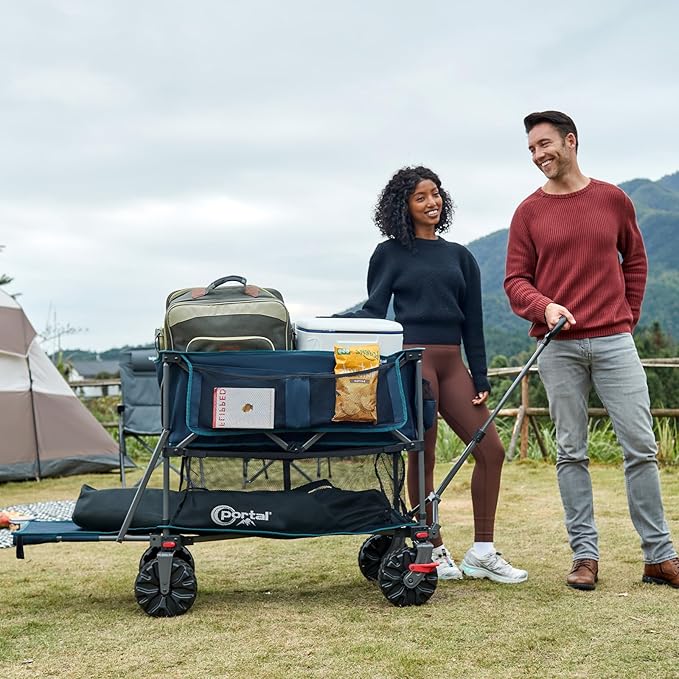 Portal Collapsible Large Double Decker Wagon with Brakes, 660lb Foldable Heavy Duty Utility Wagon Cart, 400L All-Terrain Big Wheels & 54" Extra Long Extender for Sports, Camping & Outdoor Use