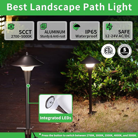 Low Voltage Pathway Lights - 2700K/3000K/3500K/4000K/5000K Selectable Landscape Sidewalk Lighting Wired, 12V Path Light Waterproof, 200lm LED Aluminum Pathlight ORB for Outside Patio Yard
