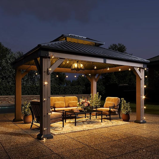 Aoxun 10' x 12' Outdoor Wood Gazebo, Hardtop Gazebo Permanent Wooden Pavilion with Galvanized Steel Double Roof, for Patio, Garden, Deck, Cedar Wood