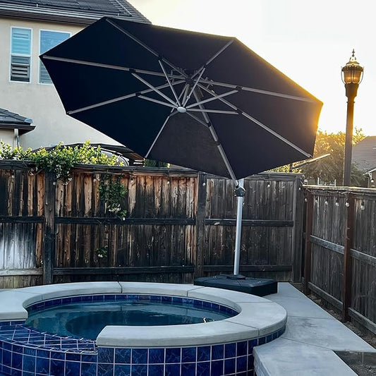 PURPLE LEAF 11ft Solar powered LED Patio Umbrella Outdoor Round Umbrellas Large Cantilever Umbrella with LED lights Windproof Offset Umbrellas Heavy Duty Sun Umbrella for Garden Deck Pool Patio, Grey