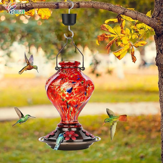 Hummingbird Feeder, BOLITE Glass Hummingbird Feeders for Outdoors Hanging, Hand Blown Twisted with Ant Moat and Five Feeding Ports, 24 Ounces, Leak Proof, Red, Gifts for Women Men, Gifts for Mom Dad
