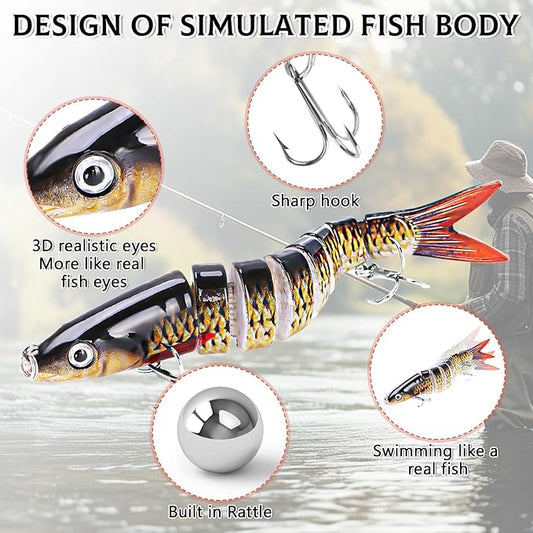 6PCS Swimbait Kit ,Realistic Bait and Surface Bait with Realistic 3D fisheye and Multi Joint Swimming Movements, Perfect for Saltwater and Freshwater Fishing Kits