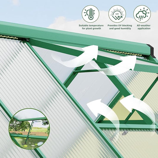 8x12 FT Outdoor Greenhouse, Polycarbonate Greenhouse with Roof Vent and Ground Nails, Aluminum Large Walk-in Green House w/Lockable Push Door for Outside Garden Backyard (Green, 8x12 FT)