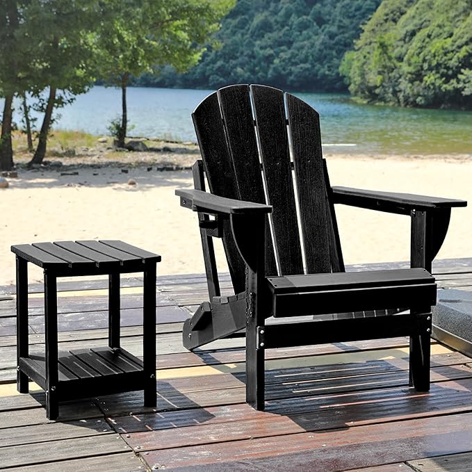 Folding Adirondack Chair, HDPE Outdoor Texture Lawn Chair with Reclining Back, Cup and Phone Holder - Comfortable Firepit Chair Weather Resistant for Patio or Backyard (Dark Black, Set of 2)