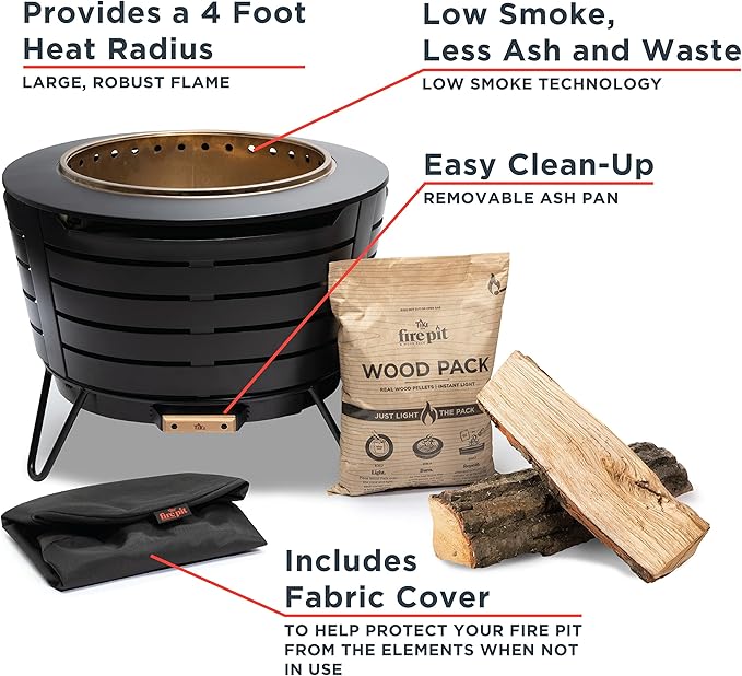 TIKI Patio Fire Pit Bundle – 25-Inch Smokeless Wood Burning Outdoor Fire Pit for Backyard, Patio, Deck & Garden with Removable Ash Pan, Stand & Weather-Resistant Cover – Modern Black Stainless Steel