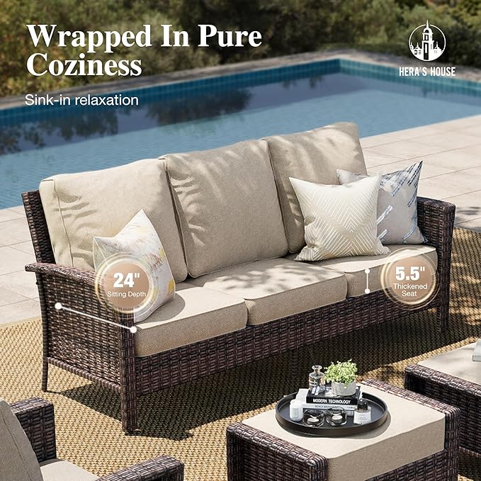 Luxury Patio Furniture Set with 5.5" Thick Cushion, Outdoor Wicker Conversation Set, 4 x High Back Swivel Patio Chairs with Tempered Glass Table, Waterproof 3-Seat Sofa for Deck Lawn Deck Yard, Beige