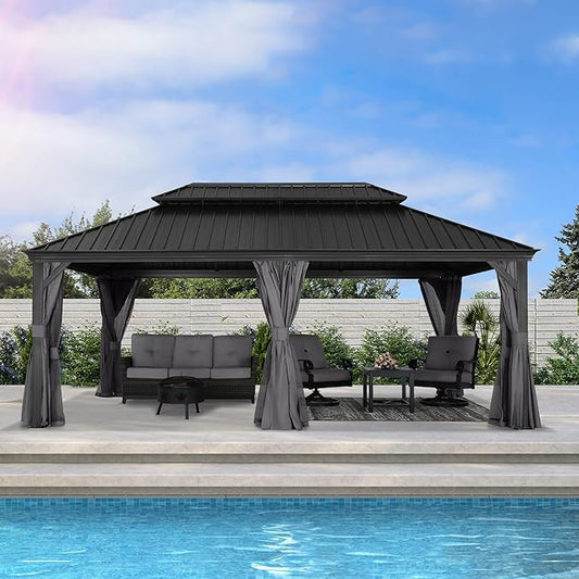 ABCCANOPY Hardtop Gazebo 12x20 - Outdoor Metal Hard Top Gazebo, Permanent Galvanized Steel Aluminum Framed Pavilion with Netting and Curtain for Patio Backyard Lawn Garden (Double Roof, Gray)