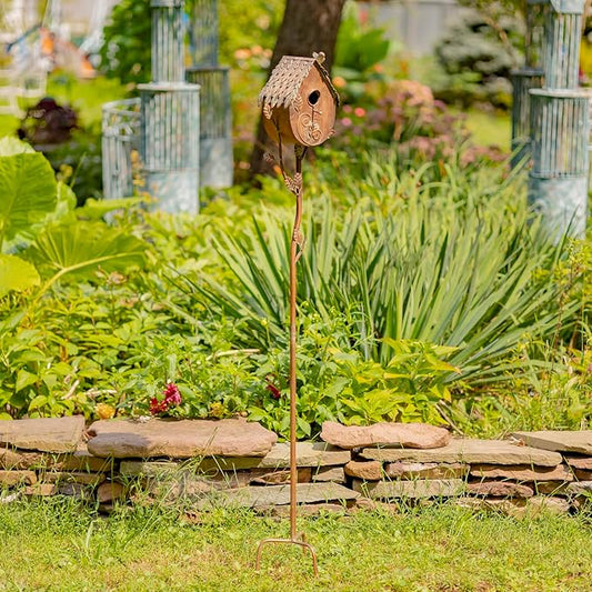 Copper Color Bird House Garden Stake with Ornate Style Roof (Round Bottom)