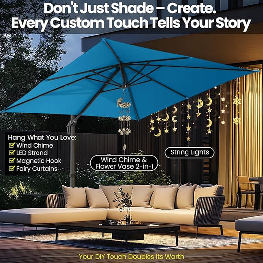 Hotime 10ft Patio Umbrella Outdoor Patio Windproof and Height adjustable, Heavy Duty Aluminum Square Offset Patio Umbrella Cantilever Pool Umbrella with 360°Rotation for Garden Deck Pool, Light Blue